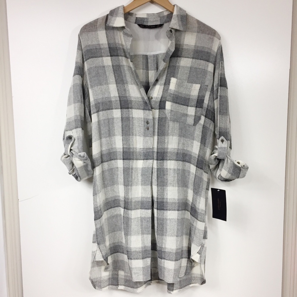 NWT ZARA BASIC Plaid Dress Tab Sleeves M